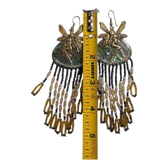 Fairy Abalone & Beaded Dangle Earrings Chandelier Gold Accents 5" Hook Fantasy - Picture 6 of 10